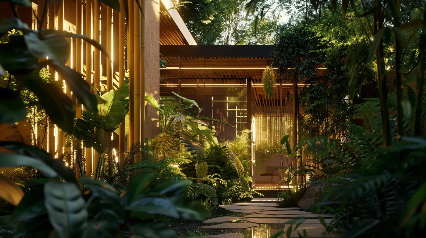a sustainable home exterior showcases a harmonious blend of bamboo and cork materials, surrounded by lush greenery, under soft golden lighting that highlights the eco-friendly architecture. a sustainable home exterior showcases a harmonious blend of bamboo and cork materials, surrounded by lush greenery, under soft golden lighting that highlights the eco-friendly architecture.
