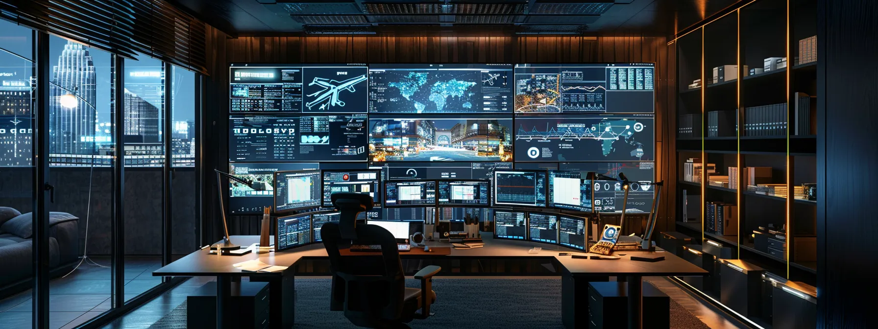 a tech-savvy workspace is illuminated by focused led lights, featuring a sleek desk with a well-organized array of holosun 407c x2 optics and user manuals, embodying a professional atmosphere geared towards troubleshooting and enhancing user experience.