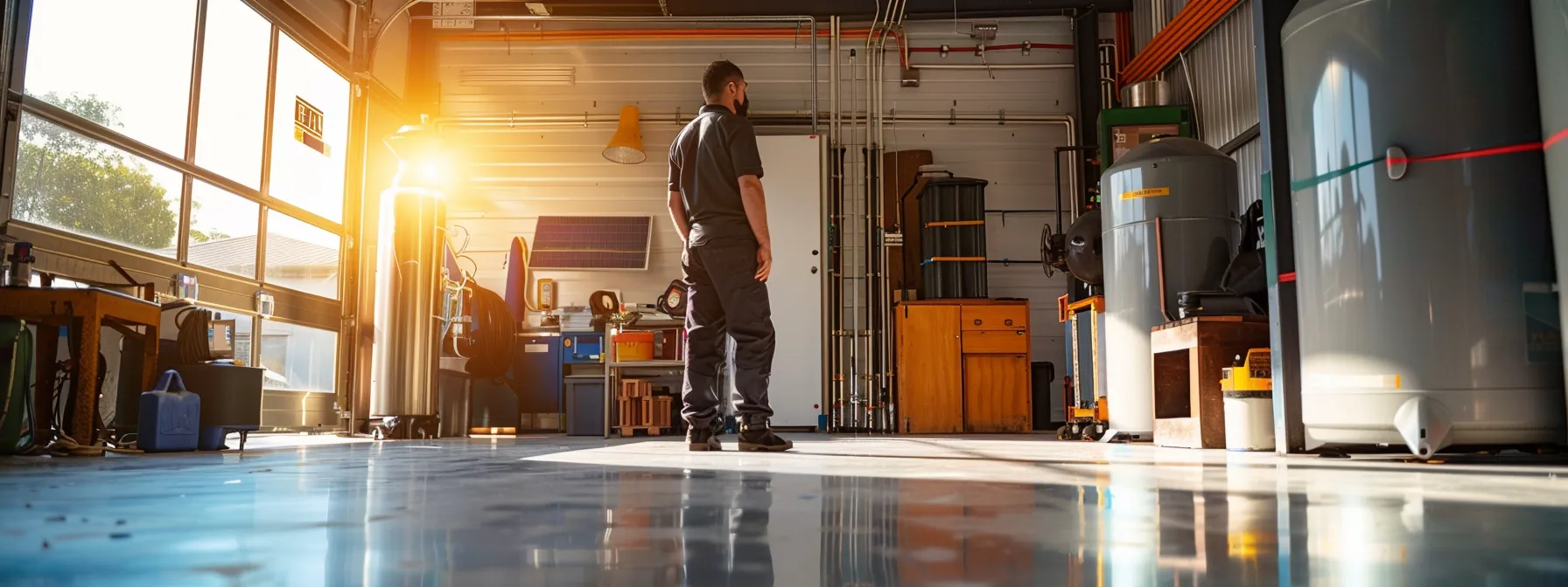 a technician in a sleek, modern workshop inspects a solar hot water system, surrounded by high-tech diagnostic equipment and certifications, emphasising professionalism and expertise in energy solutions for helensvale residents. a technician in a sleek, modern workshop inspects a solar hot water system, surrounded by high-tech diagnostic equipment and certifications, emphasising professionalism and expertise in energy solutions for helensvale residents.
