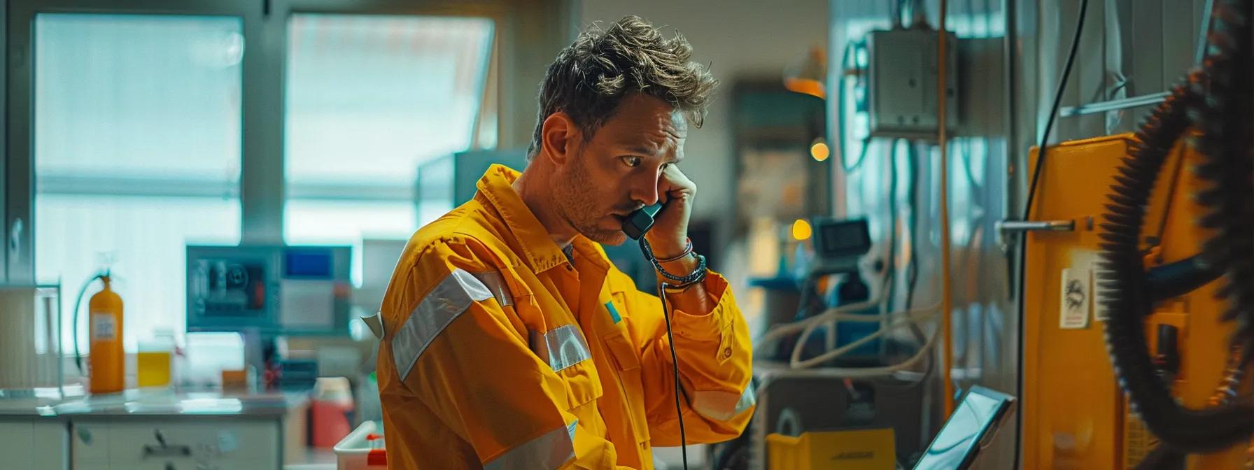 a tense and urgent office setting depicts a worried homeowner on the phone with emergency services, surrounded by safety devices and gas detection equipment, highlighting the critical response to a suspected gas leak. a tense and urgent office setting depicts a worried homeowner on the phone with emergency services, surrounded by safety devices and gas detection equipment, highlighting the critical response to a suspected gas leak.