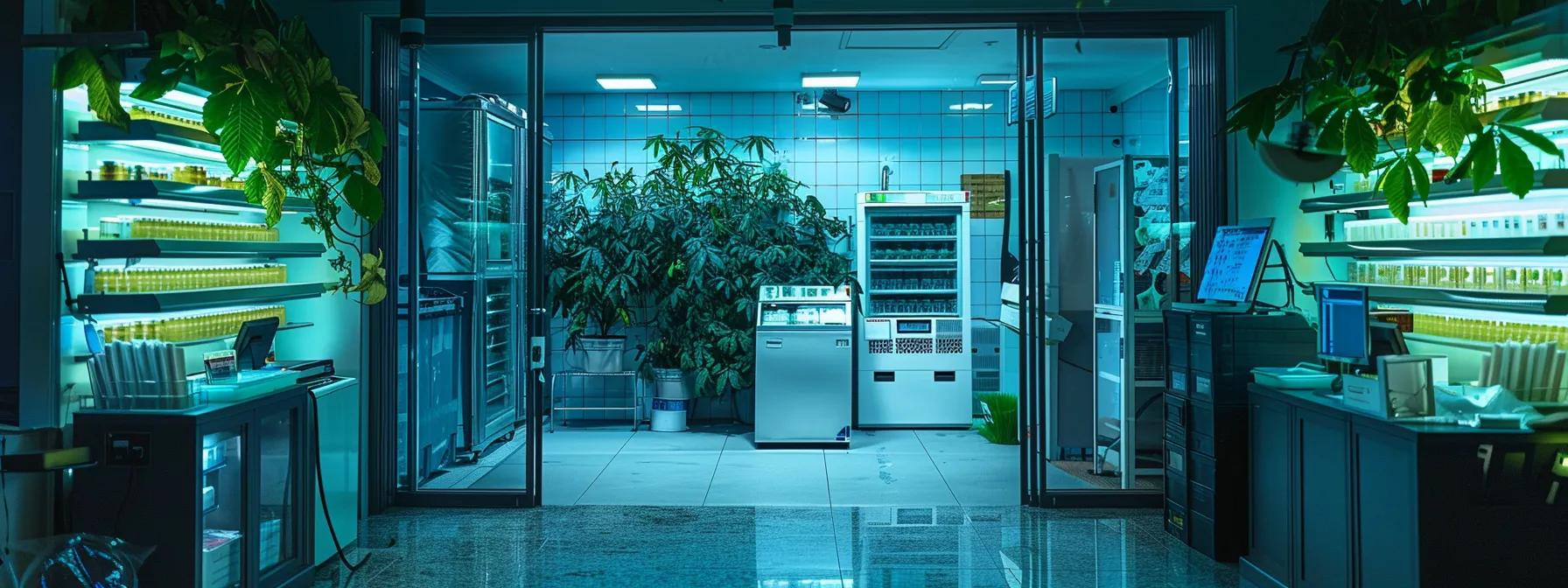 a tense yet professional inside view of a cannabis retail store with visible security measures like cameras and reinforced displays, illustrating the financial strain and concerns associated with burglary in the cannabis industry.