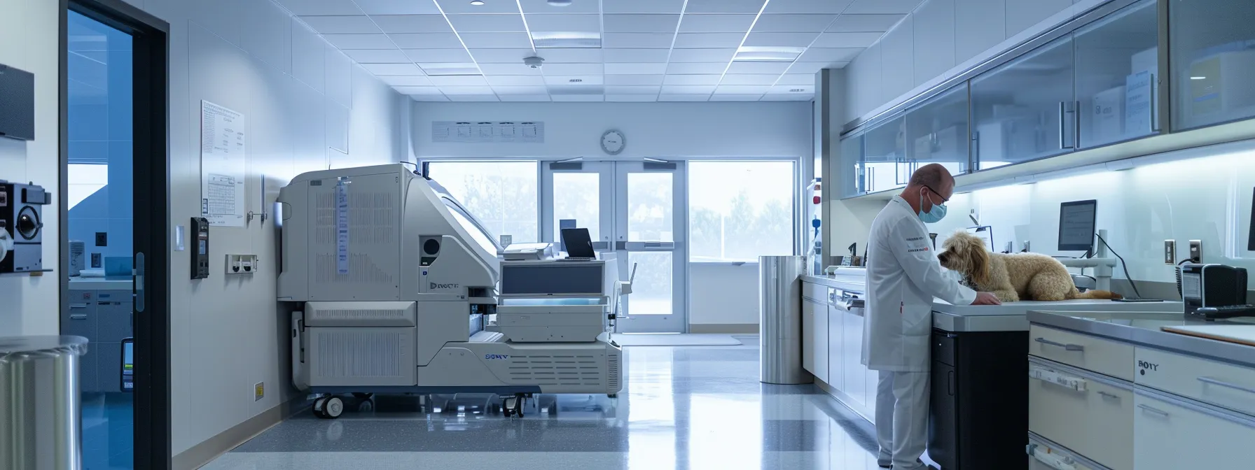 a thoughtful veterinarian examines a goldendoodle in a sleek, modern clinic, with genetic testing equipment and charts displayed prominently, highlighting the importance of genetic health in enhancing breed longevity.