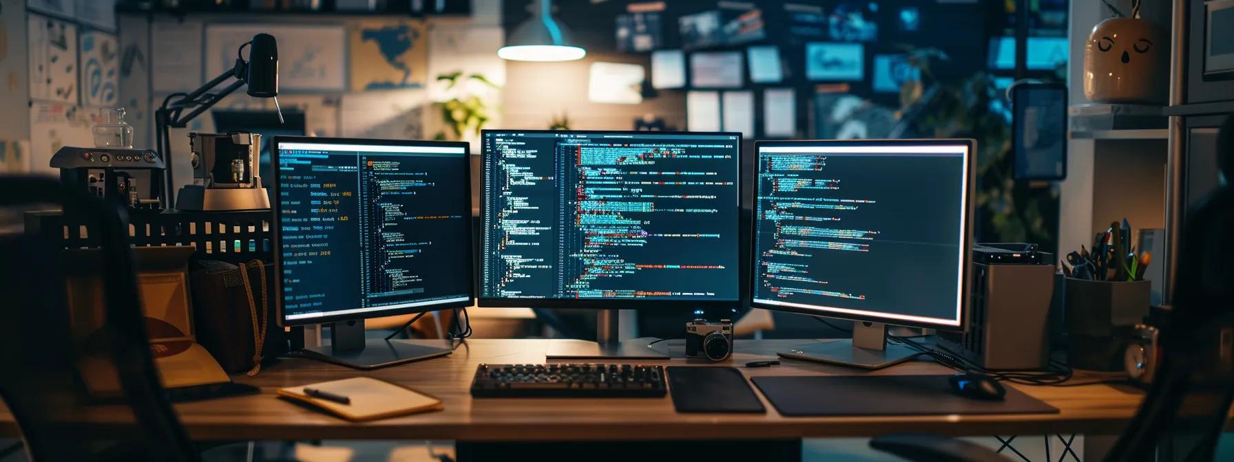 a thoughtfully arranged office workspace features a sleek computer setup displaying lines of code for custom javascript plugins, surrounded by technical design sketches and a notepad brimming with brainstorming ideas, symbolizing the intricate process of developing tailored solutions for wordpress.