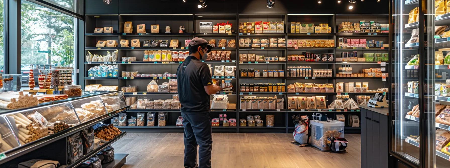 a thoughtfully arranged pet supply display in a modern, well-lit pet store showcases an array of rawhide chews and bully sticks, highlighting their unique textures and packaging, while a pet owner examines each option with a discerning eye, reflecting the importance of informed decision-making for their dog's well-being. a thoughtfully arranged pet supply display in a modern, well-lit pet store showcases an array of rawhide chews and bully sticks, highlighting their unique textures and packaging, while a pet owner examines each option with a discerning eye, reflecting the importance of informed decision-making for their dog's well-being.