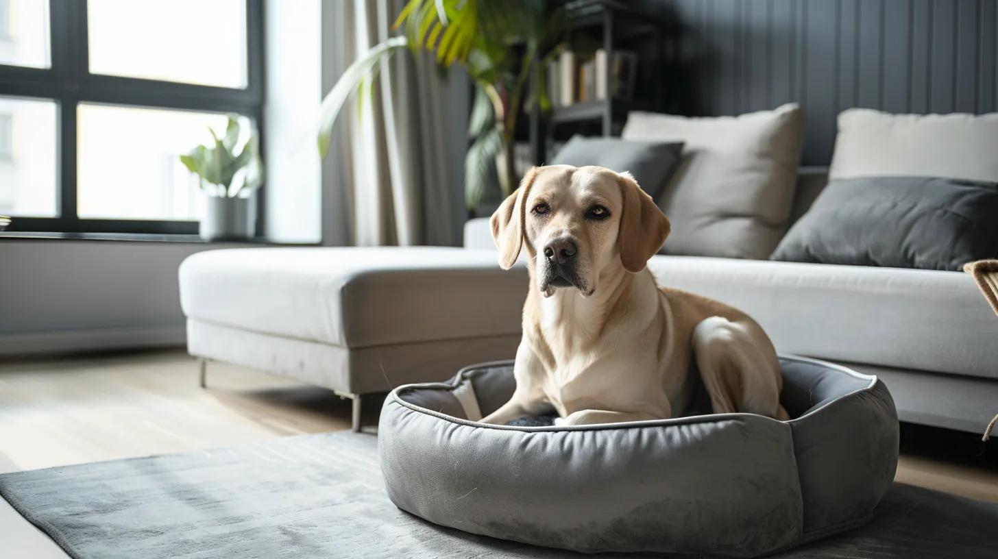a thoughtfully arranged upscale living room features a pristine designer dog bed beside a sleek, modern sofa, emphasizing the lifestyle and luxurious commitment associated with owning an expensive dog breed. a thoughtfully arranged upscale living room features a pristine designer dog bed beside a sleek, modern sofa, emphasizing the lifestyle and luxurious commitment associated with owning an expensive dog breed.
