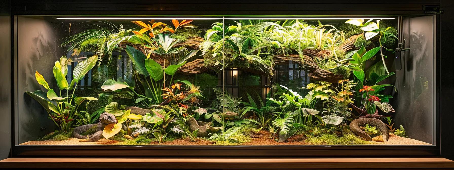a thoughtfully designed reptile habitat showcases layers of vibrant substrates, integrated live plants, and carefully arranged structures within a sleek, modern terrarium, illuminated by warm, ambient lighting. a thoughtfully designed reptile habitat showcases layers of vibrant substrates, integrated live plants, and carefully arranged structures within a sleek, modern terrarium, illuminated by warm, ambient lighting.