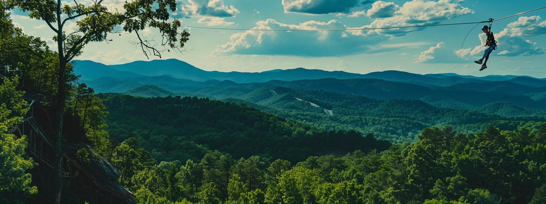 a thrilling zip line course boasts families soaring high above vibrant treetops in blue ridge, ga, capturing their shared excitement and teamwork against a backdrop of the majestic mountains and deep blue sky. a thrilling zip line course boasts families soaring high above vibrant treetops in blue ridge, ga, capturing their shared excitement and teamwork against a backdrop of the majestic mountains and deep blue sky.