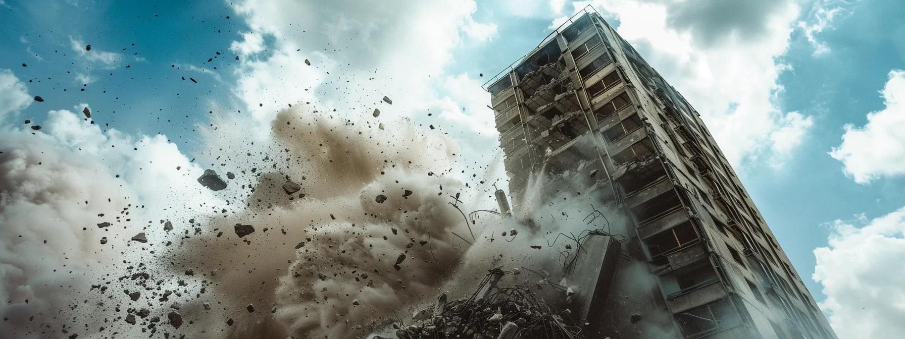 a towering building being demolished with explosive techniques, creating a cloud of debris and dust. a towering building being demolished with explosive techniques, creating a cloud of debris and dust.