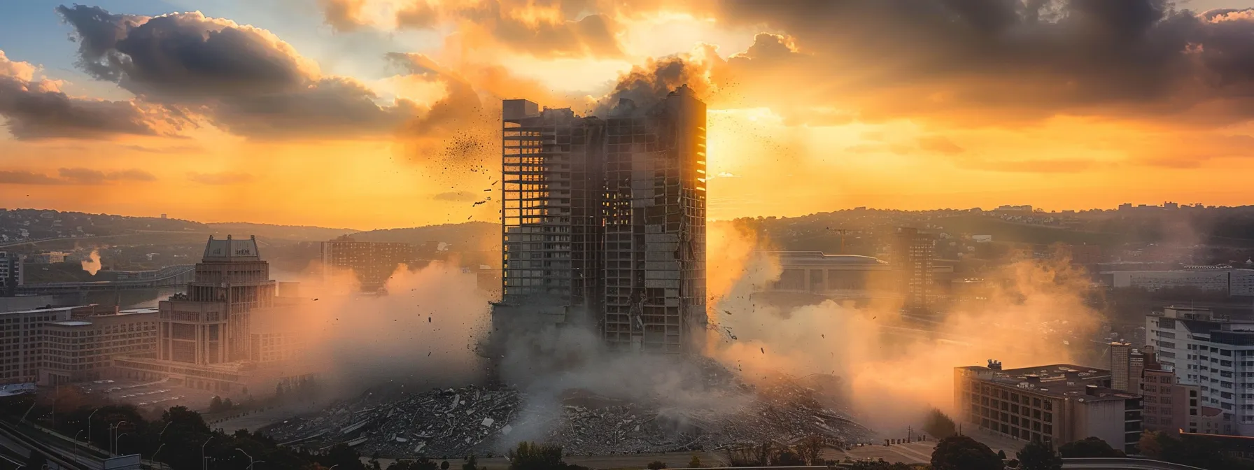 a towering building in the midst of a controlled demolition in pittsburgh, featuring a cloud of dust enveloping its collapsing structure under a vibrant sunset, highlighting the precision and strategy of urban dismantling techniques. a towering building in the midst of a controlled demolition in pittsburgh, featuring a cloud of dust enveloping its collapsing structure under a vibrant sunset, highlighting the precision and strategy of urban dismantling techniques.