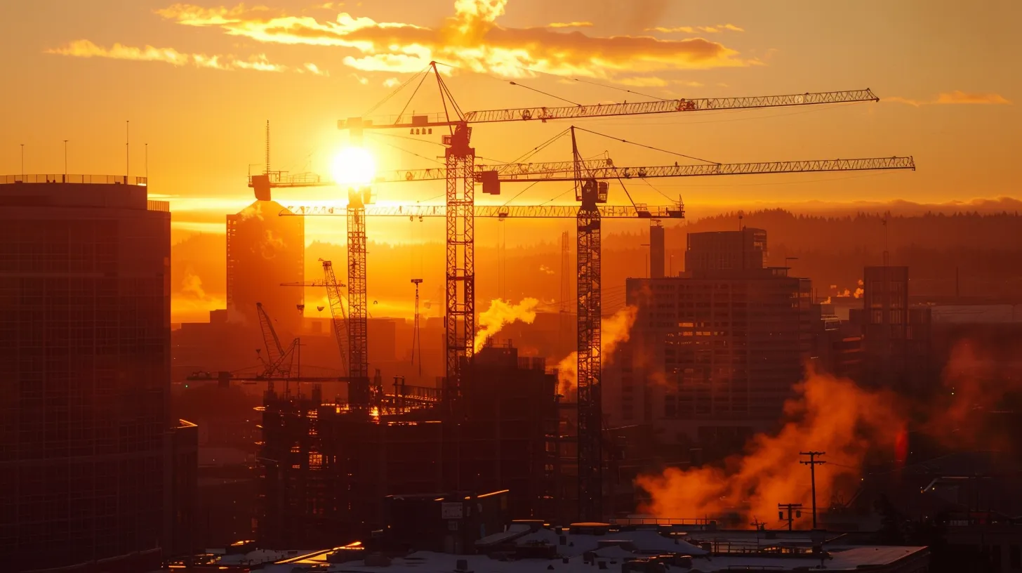 a towering, weathered building being dismantled amidst the bustling skyline of portland, with construction cranes silhouetted against a vibrant sunset, symbolizing the complex and regulated process of urban transformation.