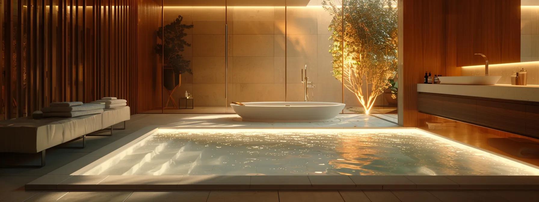 a tranquil, beautifully designed bathroom featuring an elegant walk-in tub filled with warm water, illuminated by soft, ambient lighting that creates a serene atmosphere conducive to relaxation and mental wellness.