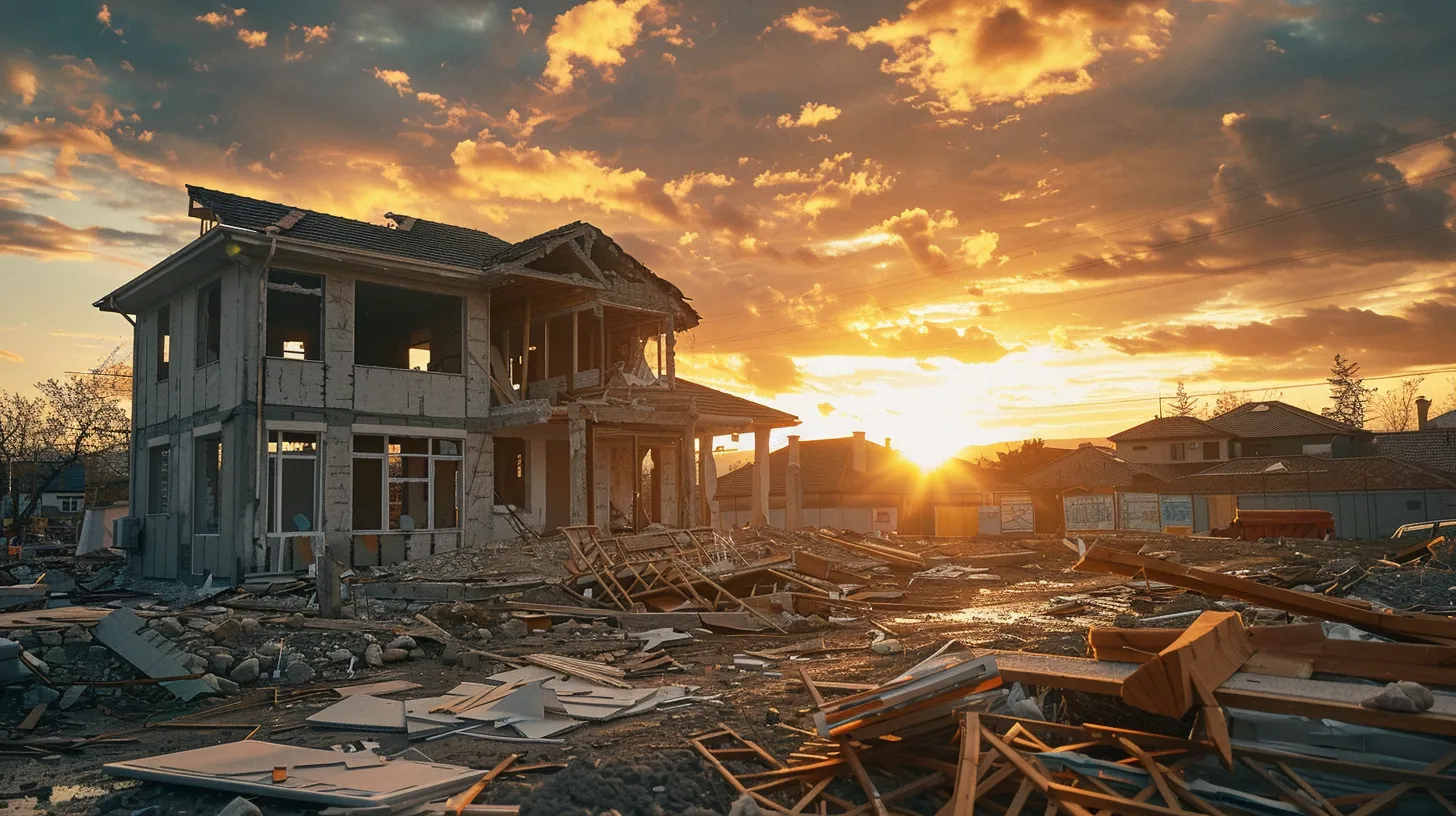 a tranquil construction site at sunset, showcasing a half-built house surrounded by scattered blueprints and debris, symbolizing the silent struggles of poor communication between builders and homeowners. a tranquil construction site at sunset, showcasing a half-built house surrounded by scattered blueprints and debris, symbolizing the silent struggles of poor communication between builders and homeowners.