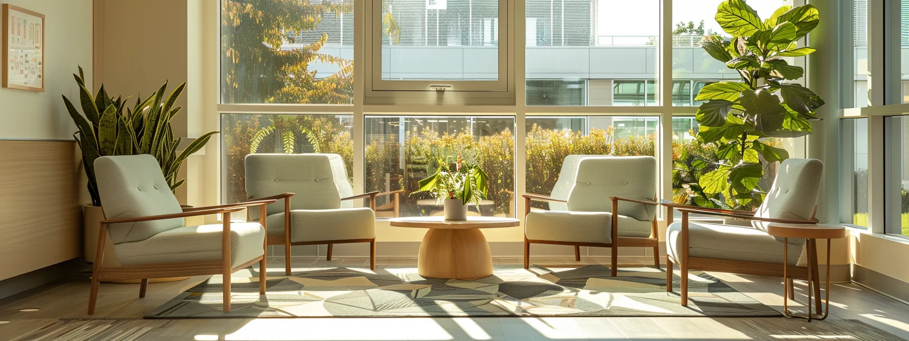 a tranquil environment showcasing a serene therapy room with soft, natural light filtering through large windows, highlighting comfortable seating and calming decor, symbolizing a supportive space for young adults in a partial hospitalization program.