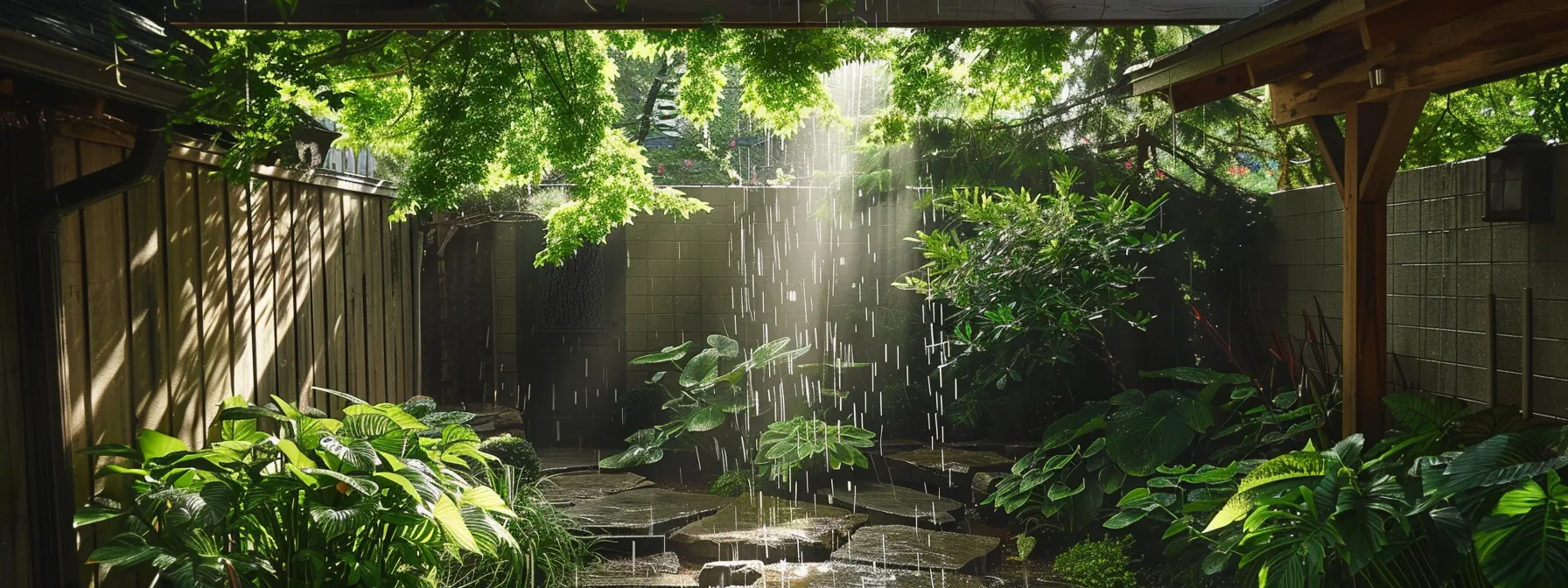 a tranquil fort wayne backyard showcases a pristine, dry basement with vibrant greenery thriving above, symbolizing the success of effective waterproofing solutions during a heavy downpour. a tranquil fort wayne backyard showcases a pristine, dry basement with vibrant greenery thriving above, symbolizing the success of effective waterproofing solutions during a heavy downpour.