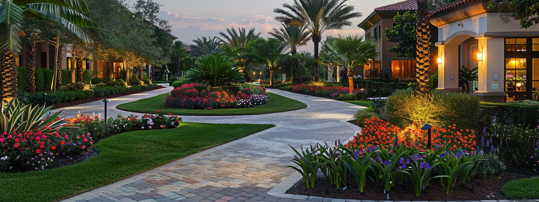 a tranquil residential courtyard in kissimmee, florida, showcases meticulously designed lush gardens, where vibrant flower beds and well-maintained shrubs create a soothing atmosphere, illuminated by soft evening lights that evoke a sense of peace and relaxation. a tranquil residential courtyard in kissimmee, florida, showcases meticulously designed lush gardens, where vibrant flower beds and well-maintained shrubs create a soothing atmosphere, illuminated by soft evening lights that evoke a sense of peace and relaxation.