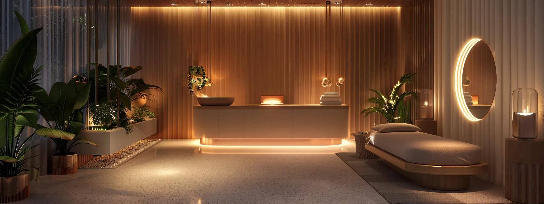 a tranquil salon interior featuring a plush waxing station illuminated by soft ambient lighting, exuding a serene atmosphere enhanced by calming decor and soothing music, inviting clients to indulge in a personalized and luxurious beauty treatment experience.