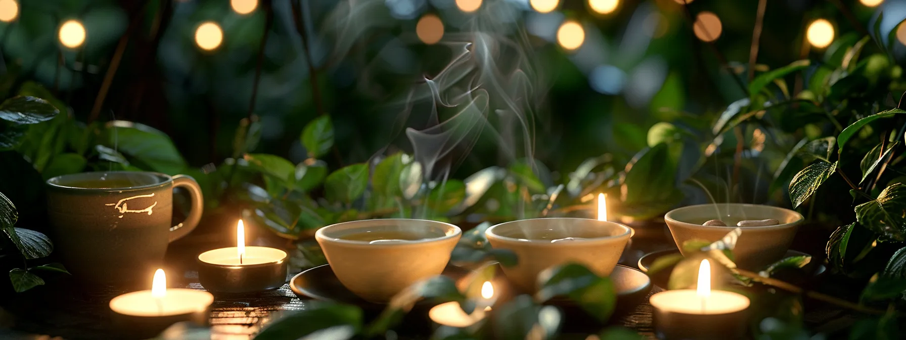 a tranquil setting with steaming cups of mushroom tea surrounded by soft candlelight and lush greenery, evoking a serene atmosphere for mindful relaxation and meditation.