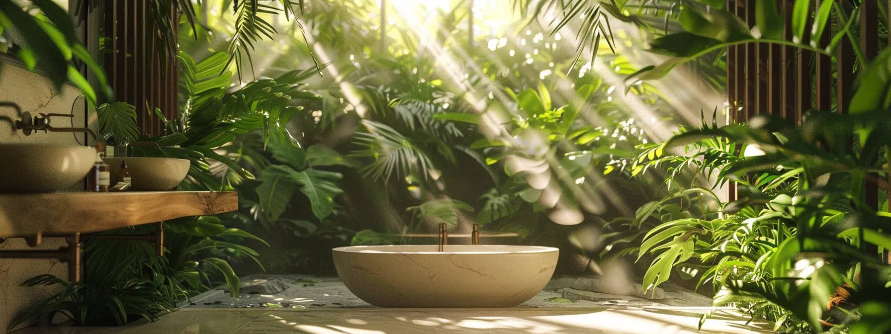 a tranquil, sunlit garden showcases vibrant eco-friendly plumbing fixtures, surrounded by lush greenery, symbolizing sustainable living and water conservation.