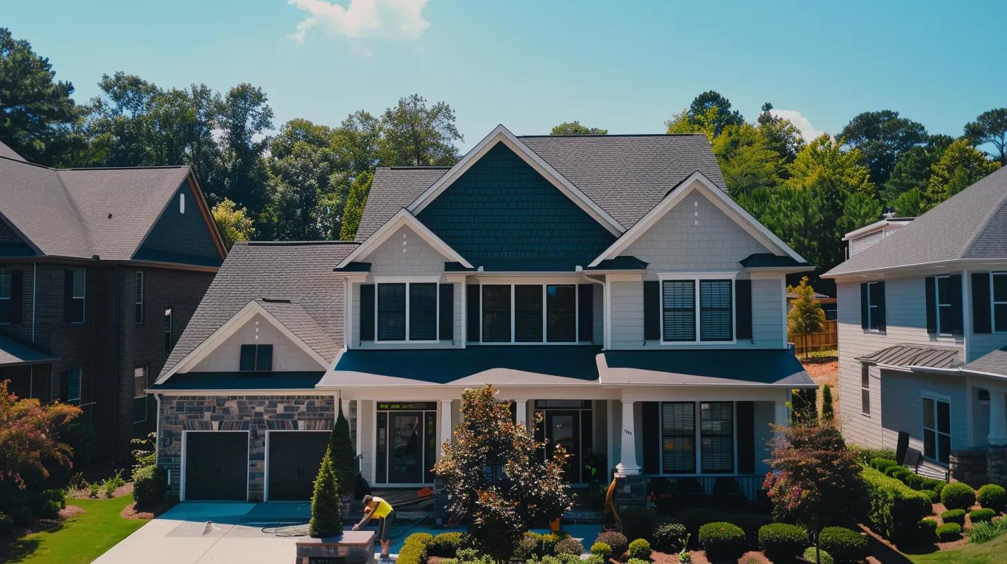 a two-story modern suburban house in atlanta, adorned with fresh asphalt shingles, showcases professional roofers in uniform expertly installing a new roof under a clear blue sky, highlighting premium construction equipment and vibrant colors for a polished, high-quality look.