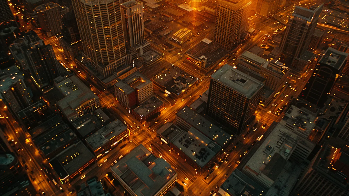 a vibrant aerial view of oklahoma city featuring a bustling business district, illuminated by the golden glow of sunset, symbolizing strategic competitor analysis and market insight.