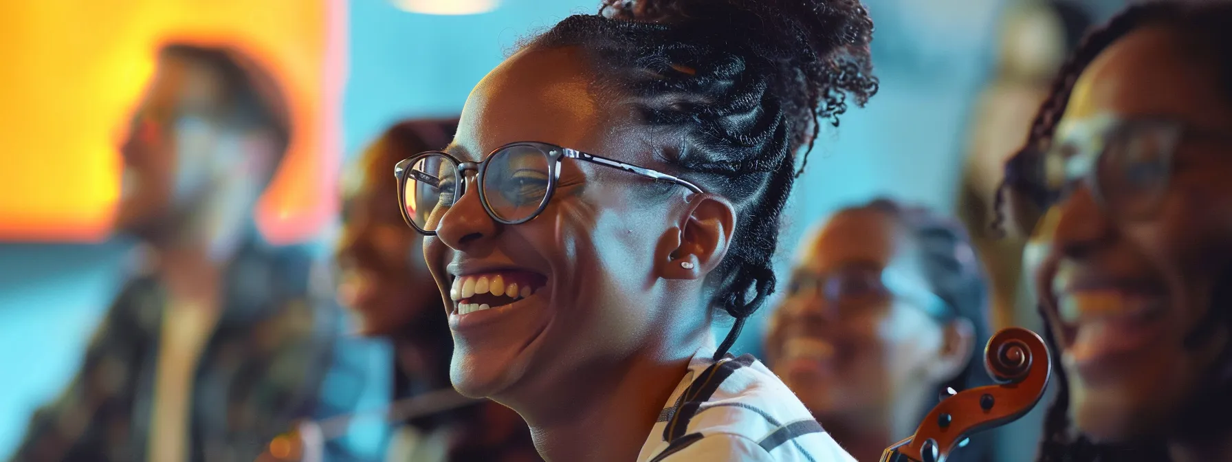 a vibrant and candid moment captures a diverse group of orchestra members joyfully collaborating during rehearsal, their expressions reflecting the deep connections and transformative power of music that unites them. a vibrant and candid moment captures a diverse group of orchestra members joyfully collaborating during rehearsal, their expressions reflecting the deep connections and transformative power of music that unites them.
