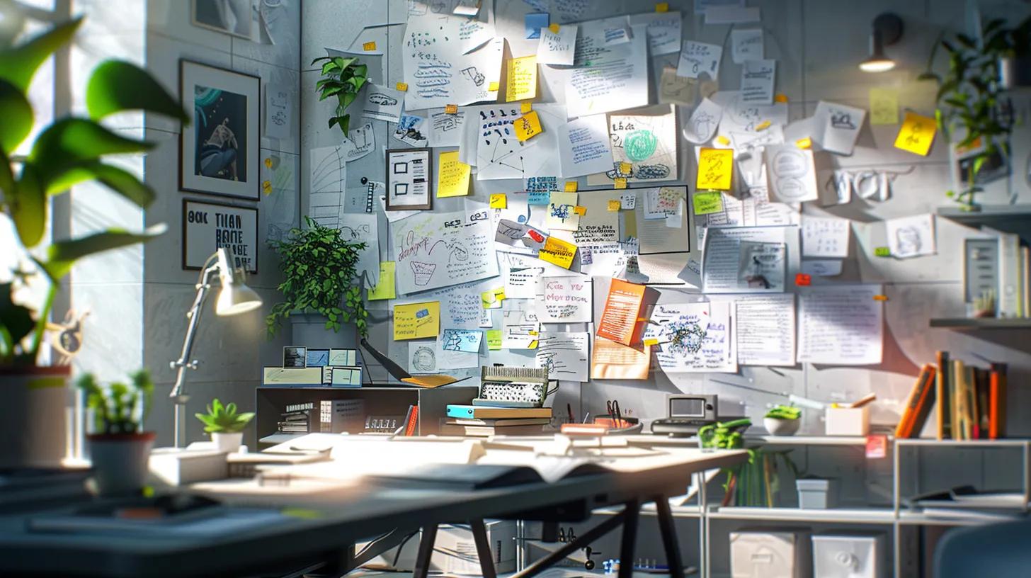 a vibrant and dynamic storyboard filled with colorful sketches and notes, set against a sleek editing suite bathed in soft natural light, reflecting the collaborative energy and creative passion of video production. a vibrant and dynamic storyboard filled with colorful sketches and notes, set against a sleek editing suite bathed in soft natural light, reflecting the collaborative energy and creative passion of video production.