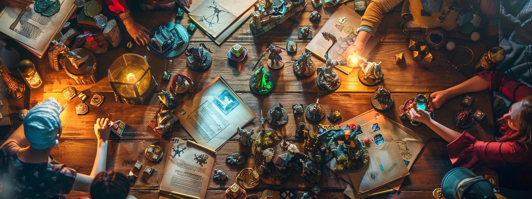 a vibrant and dynamic tabletop setting captures a group of diverse players animatedly engaged in a dungeons & dragons game, surrounded by humorous character sheets and colorful miniatures, embodying the lighthearted spirit of adventure and laughter. a vibrant and dynamic tabletop setting captures a group of diverse players animatedly engaged in a dungeons & dragons game, surrounded by humorous character sheets and colorful miniatures, embodying the lighthearted spirit of adventure and laughter.
