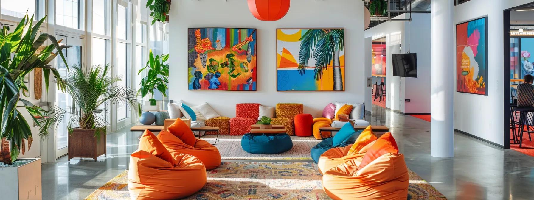 a vibrant and eclectic office space filled with playful decor, unconventional seating like bean bags, and bright artwork, designed to foster creativity and open dialogue among team members during a brainstorming session. a vibrant and eclectic office space filled with playful decor, unconventional seating like bean bags, and bright artwork, designed to foster creativity and open dialogue among team members during a brainstorming session.
