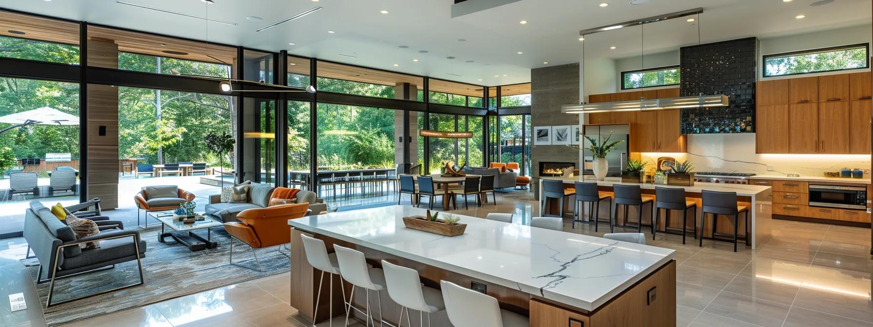 a vibrant and elegantly designed open floor plan seamlessly integrates indoor and outdoor living spaces, illuminated by natural light and showcasing multi-functional areas for work, play, and relaxation.