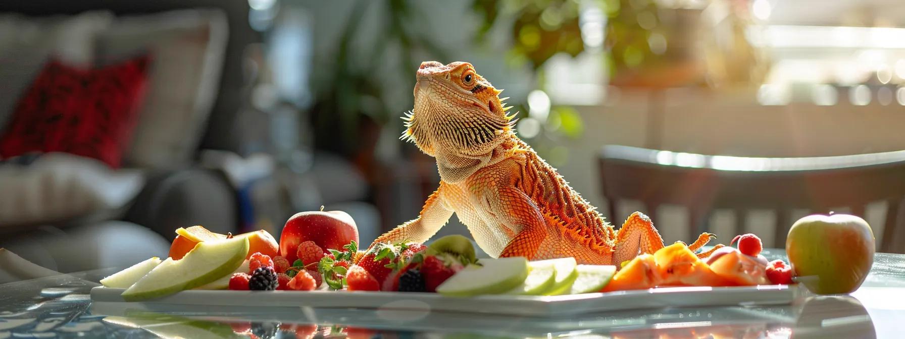 a vibrant and engaging bearded dragon sits on a sleek glass table in a modern indoor environment, surrounded by an array of meticulously prepared fruit pieces including slices of apple, berries, and pear, emphasizing the thoughtful presentation of occasional treats in its diet. a vibrant and engaging bearded dragon sits on a sleek glass table in a modern indoor environment, surrounded by an array of meticulously prepared fruit pieces including slices of apple, berries, and pear, emphasizing the thoughtful presentation of occasional treats in its diet.