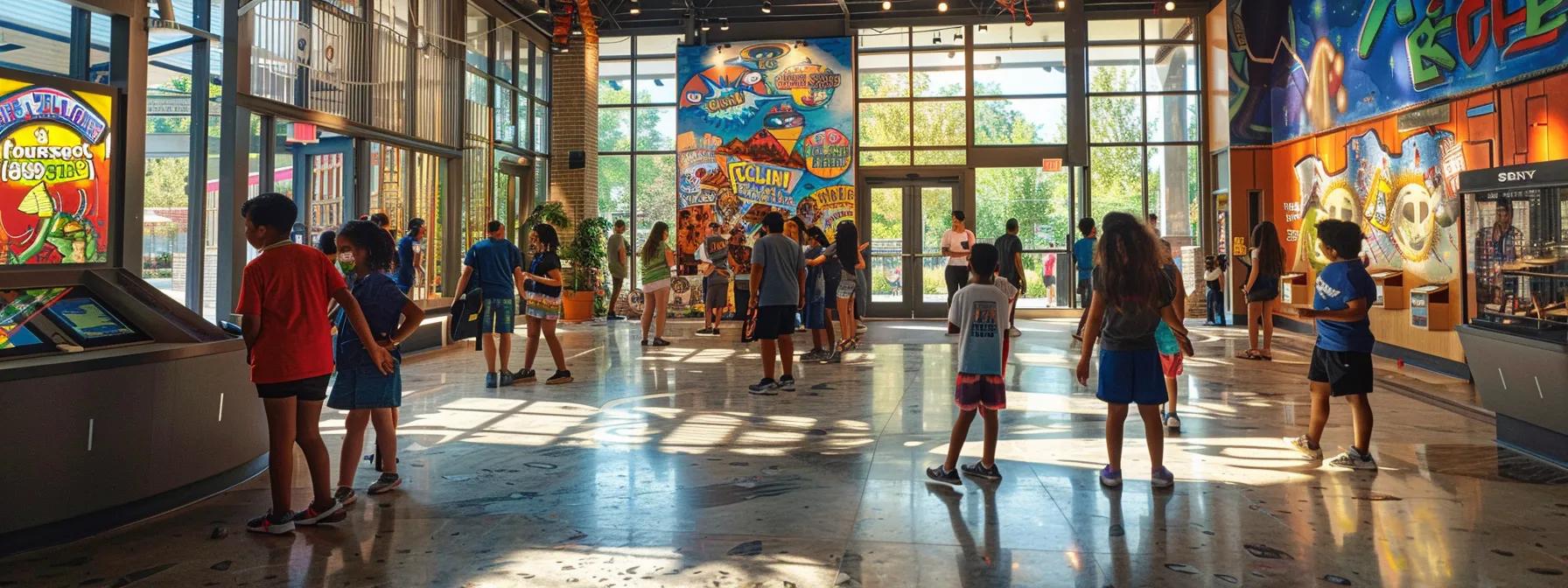 a vibrant and engaging family scene unfolds at a bustling cultural center in blue ridge, georgia, showcasing children joyfully participating in interactive exhibits and games that highlight the area's rich history and traditions, amidst a warm, inviting indoor setting. a vibrant and engaging family scene unfolds at a bustling cultural center in blue ridge, georgia, showcasing children joyfully participating in interactive exhibits and games that highlight the area's rich history and traditions, amidst a warm, inviting indoor setting.