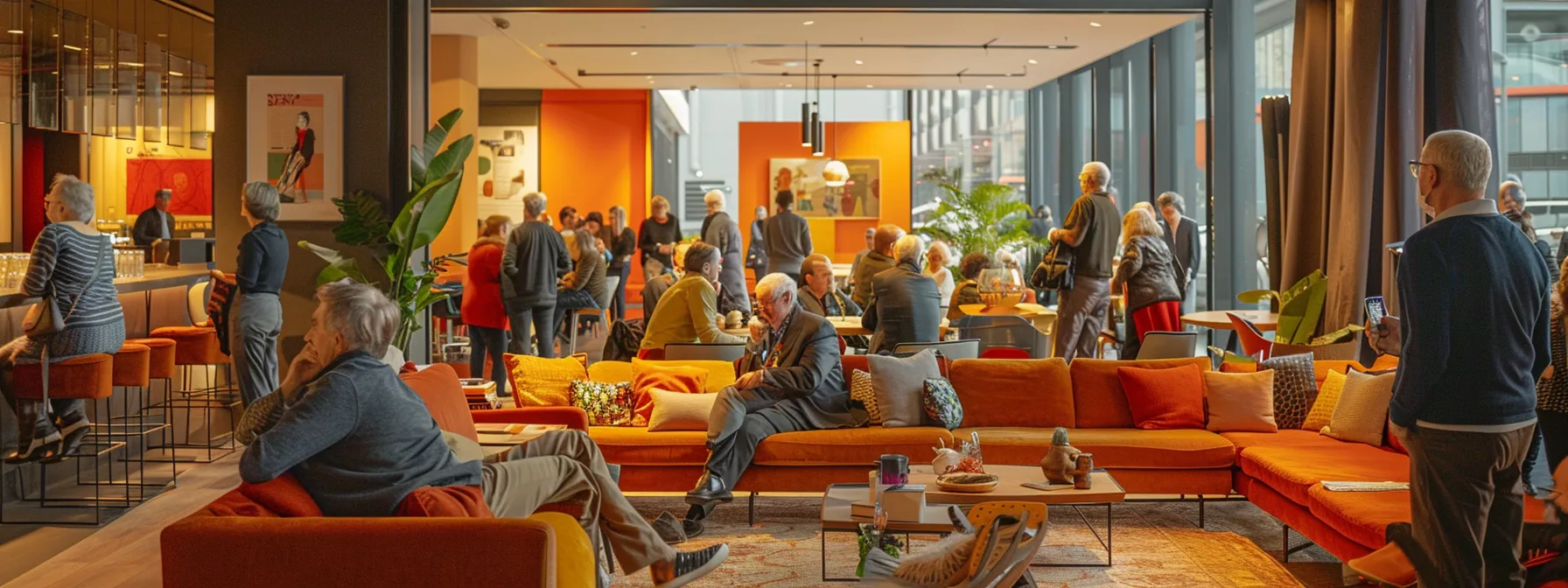 a vibrant and engaging indoor gathering showcases people over 50 enjoying lively conversations and activities in a stylish, modern lounge filled with colorful decor and warm ambient lighting.