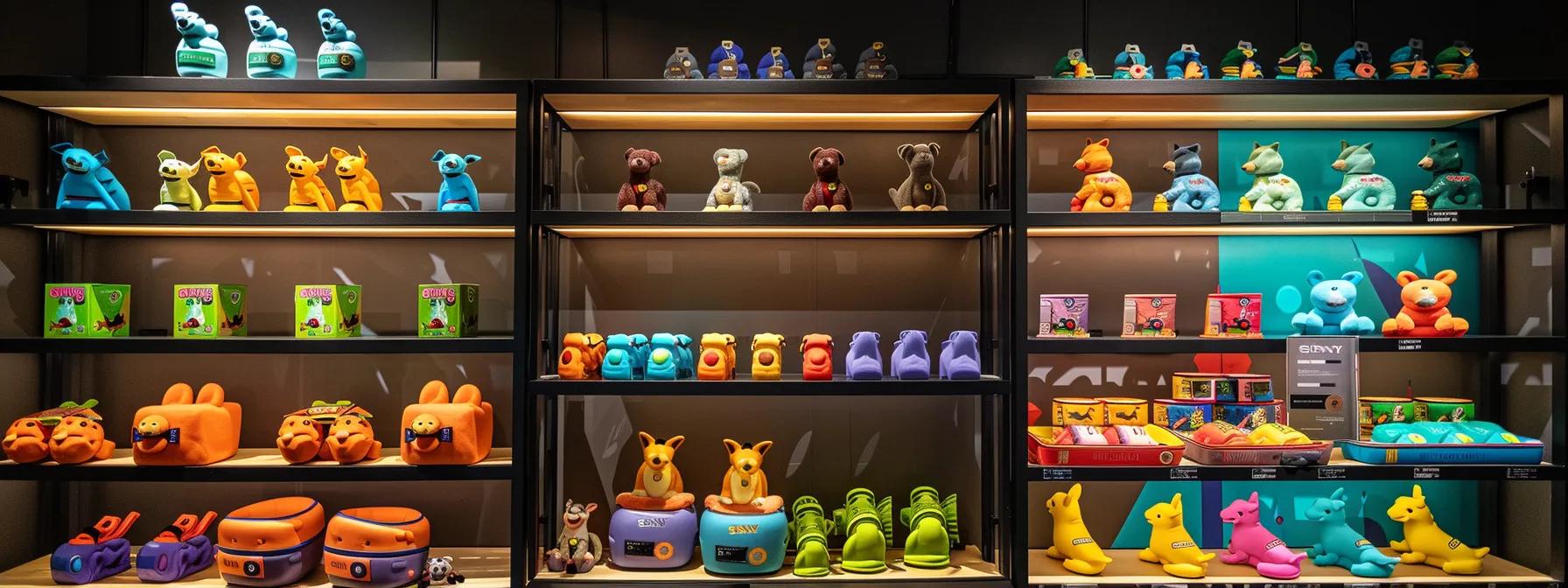 a vibrant and engaging pet store display showcases an array of colorful fetch toys designed for small dogs, emphasizing brand logos and unique textures under bright, focused lighting to highlight their durability and appeal. a vibrant and engaging pet store display showcases an array of colorful fetch toys designed for small dogs, emphasizing brand logos and unique textures under bright, focused lighting to highlight their durability and appeal.