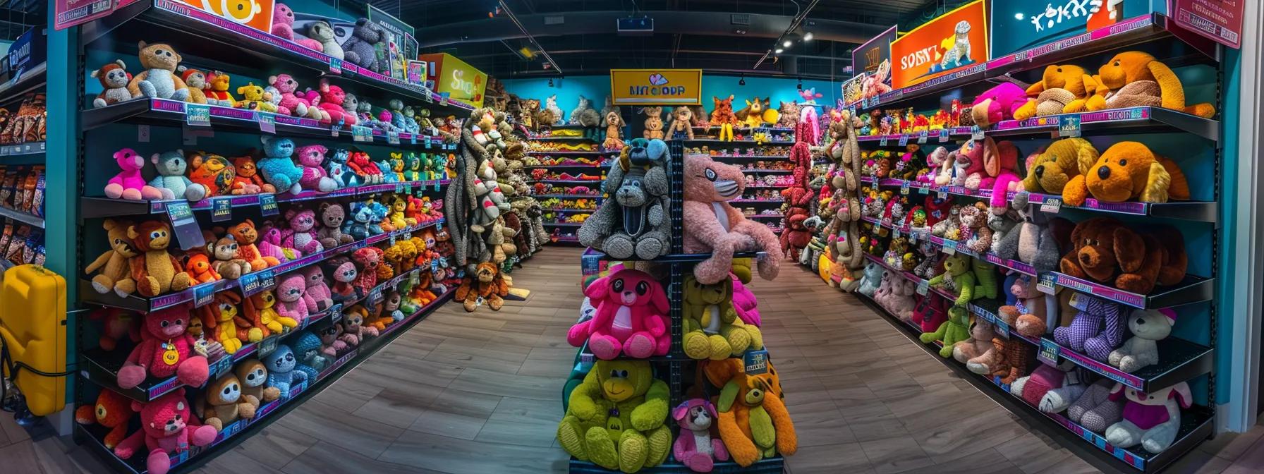 a vibrant and engaging pet store interior showcases a variety of durable stuffed dog toys displayed prominently on colorful shelves, with clear signage highlighting their safety certifications and materials for discerning pet owners. a vibrant and engaging pet store interior showcases a variety of durable stuffed dog toys displayed prominently on colorful shelves, with clear signage highlighting their safety certifications and materials for discerning pet owners.