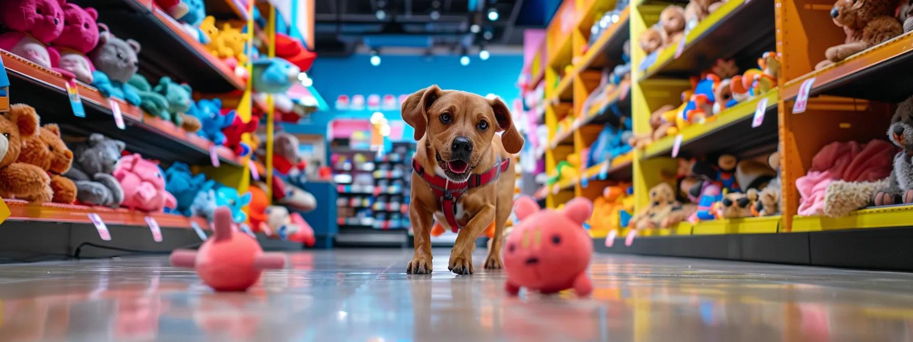 a vibrant and engaging scene in a modern indoor pet store, showcasing a lively dog eagerly playing with a plush squeaky toy, its ears perked up in excitement as the toy emits a high-pitched sound, surrounded by colorful shelves filled with various plush toys. a vibrant and engaging scene in a modern indoor pet store, showcasing a lively dog eagerly playing with a plush squeaky toy, its ears perked up in excitement as the toy emits a high-pitched sound, surrounded by colorful shelves filled with various plush toys.