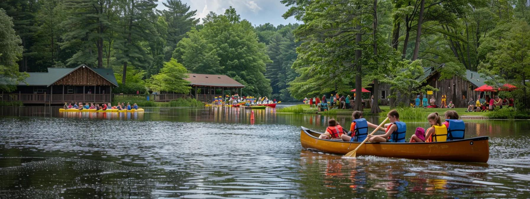 a vibrant and engaging scene at the neighborhood nature camp shows enthusiastic children participating in various outdoor activities, such as canoeing and climbing, surrounded by well-structured camp facilities and supportive counselors, highlighting the accessible, active, and community-focused atmosphere. a vibrant and engaging scene at the neighborhood nature camp shows enthusiastic children participating in various outdoor activities, such as canoeing and climbing, surrounded by well-structured camp facilities and supportive counselors, highlighting the accessible, active, and community-focused atmosphere.