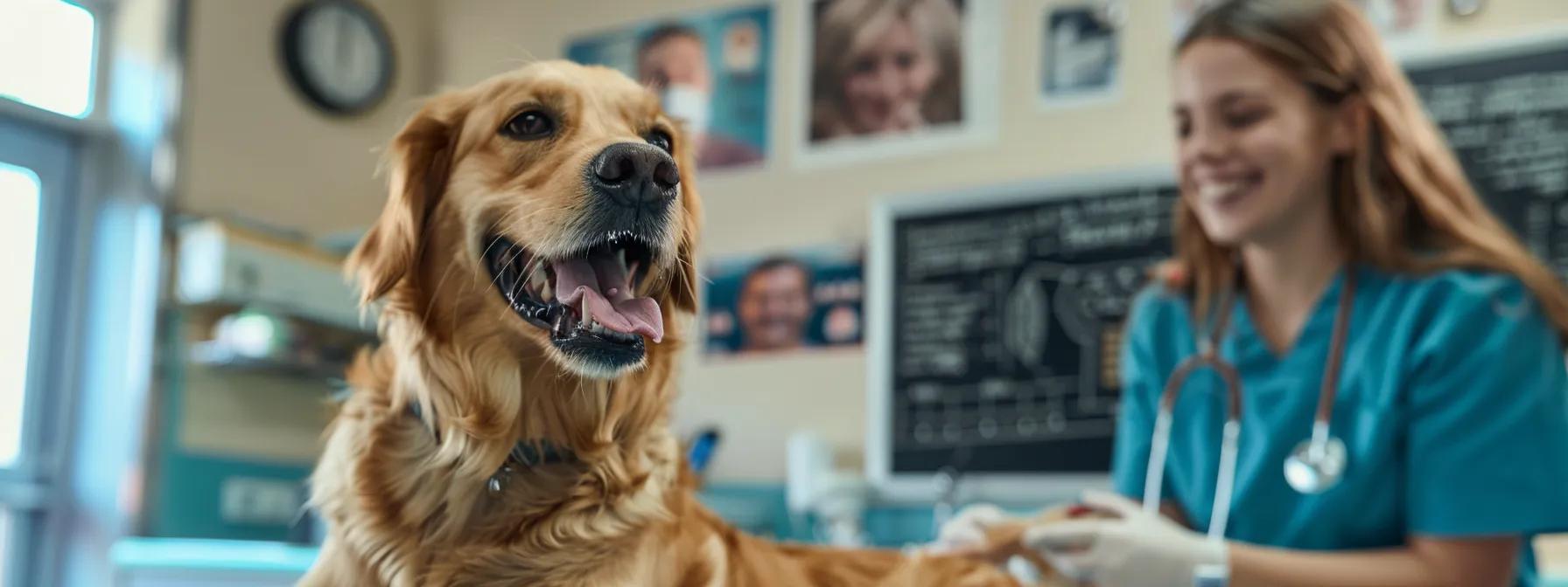 a vibrant and engaging scene in a modern veterinary clinic showcases a happy dog eagerly chewing on a dental chew, surrounded by dental health posters and an enthusiastic veterinarian, emphasizing the importance of oral care for pets. a vibrant and engaging scene in a modern veterinary clinic showcases a happy dog eagerly chewing on a dental chew, surrounded by dental health posters and an enthusiastic veterinarian, emphasizing the importance of oral care for pets.