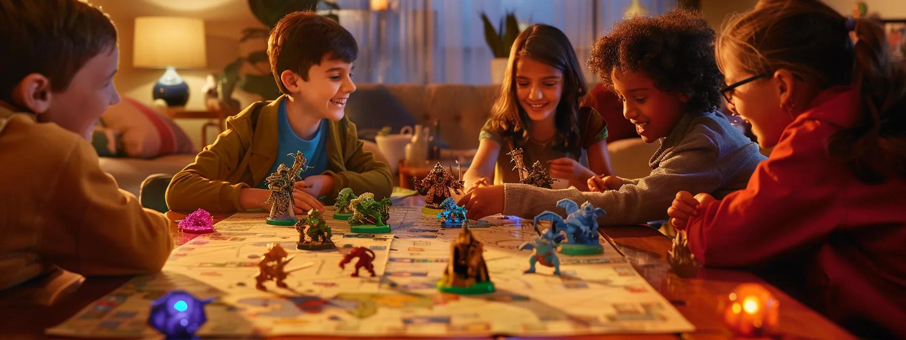 a vibrant and engaging tabletop setup features excited children gathered around a colorful dungeons & dragons game, equipped with whimsical miniatures, imaginative hand-drawn maps, and playful costumes, all set in a cozy, well-lit living room that fosters creativity and storytelling. a vibrant and engaging tabletop setup features excited children gathered around a colorful dungeons & dragons game, equipped with whimsical miniatures, imaginative hand-drawn maps, and playful costumes, all set in a cozy, well-lit living room that fosters creativity and storytelling.