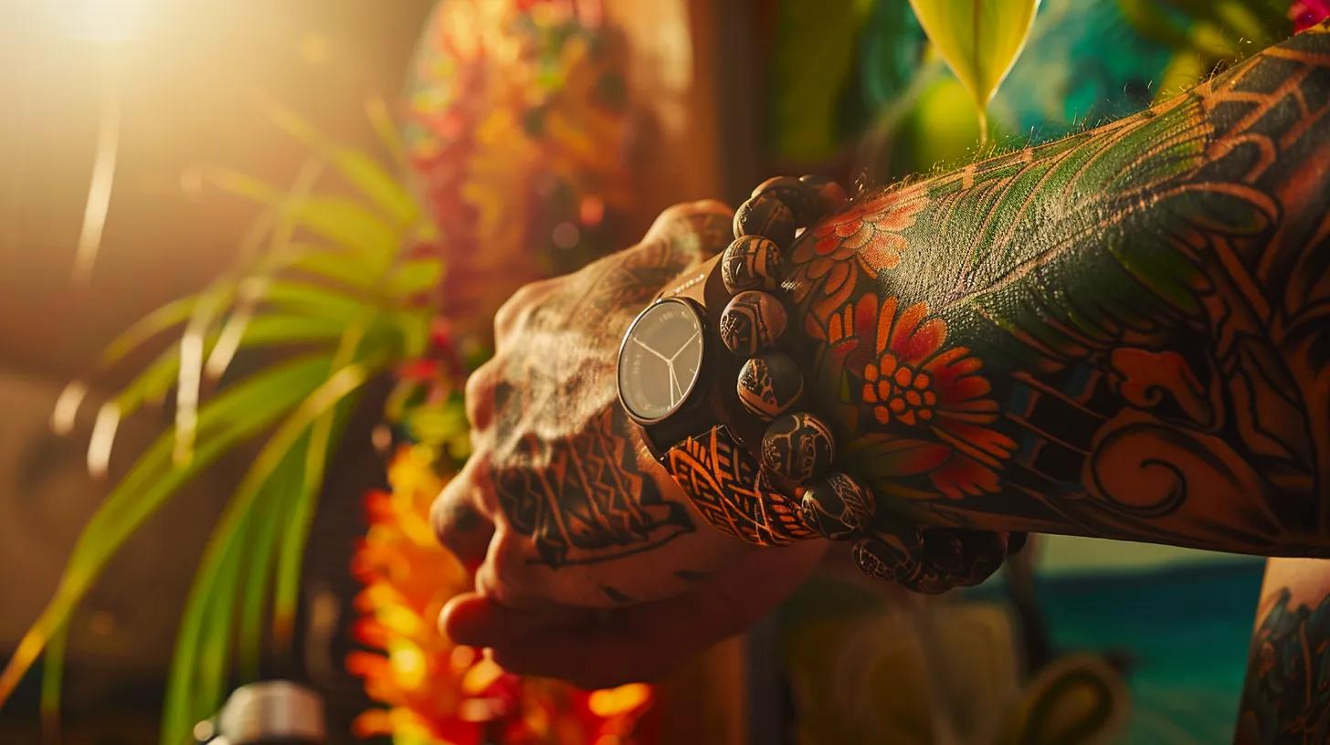 a vibrant and hyper-realistic american traditional tattoo featuring iconic hawaiian motifs, such as mauna kea and tropical elements, elegantly blending traditional and custom design styles against a warm, sunlit backdrop.