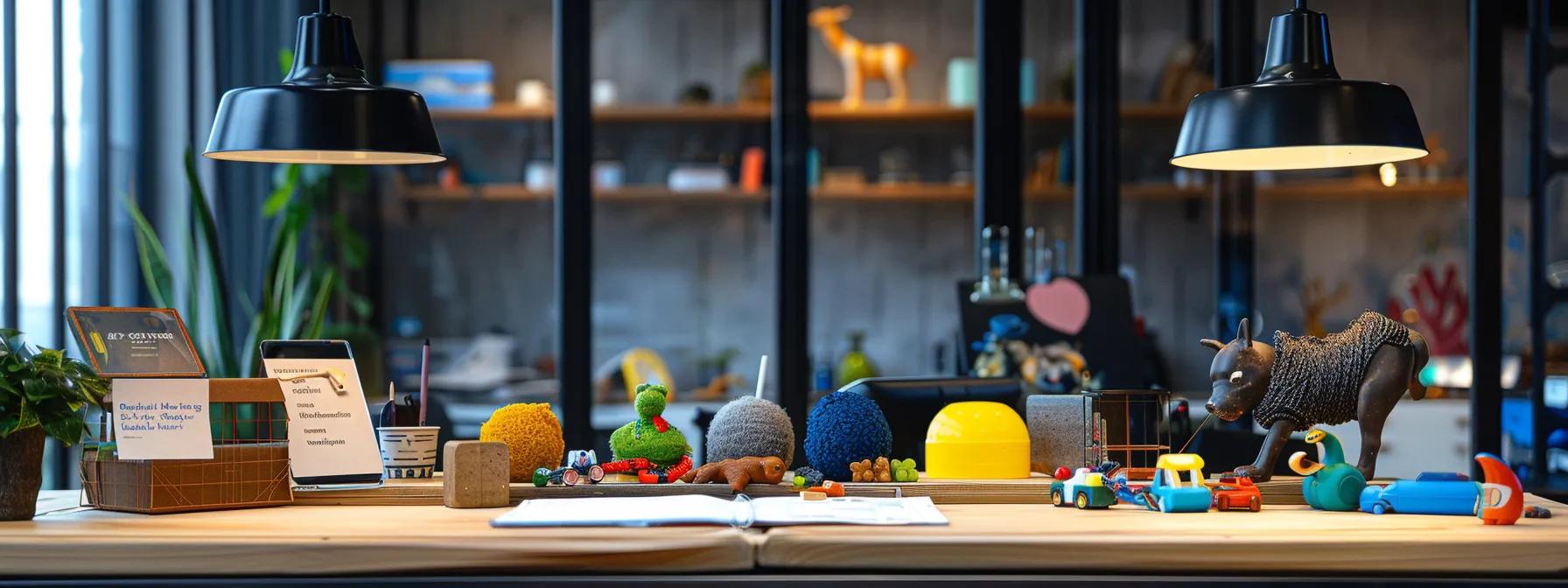 a vibrant and informative indoor scene showcasing an array of safe, durable dog chew toys made from various materials, displayed on a sleek office table with labels emphasizing their eco-friendliness and safety features, illuminated by focused overhead lighting to highlight their textures and unique designs.