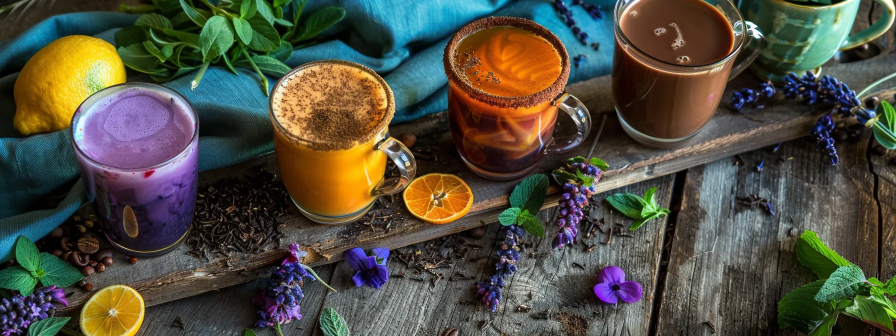 a vibrant and inviting display of colorful herbal teas, fresh lemon-infused drinks, and rich hot chocolate, artfully arranged on a rustic wooden table with soft natural light illuminating the scene, evokes the transition to refreshing coffee alternatives.