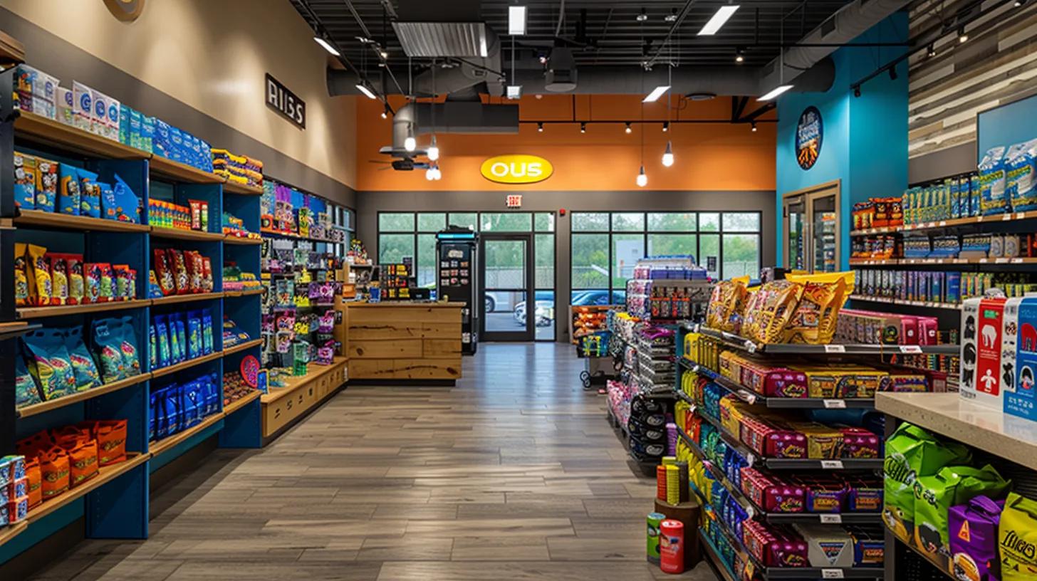 a vibrant and inviting interior of talis us pet store showcases a diverse array of unique pet supplies, with neatly arranged shelves displaying colorful products for dogs, cats, small animals, and reptiles, all illuminated by warm, welcoming lighting to emphasize quality and innovation.