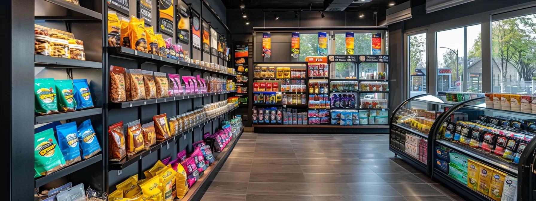 a vibrant and inviting pet treat display in a modern pet shop, showcasing an array of healthy fat-infused cat treats beautifully arranged in sleek packaging, highlighting their appeal to both cats and their owners.