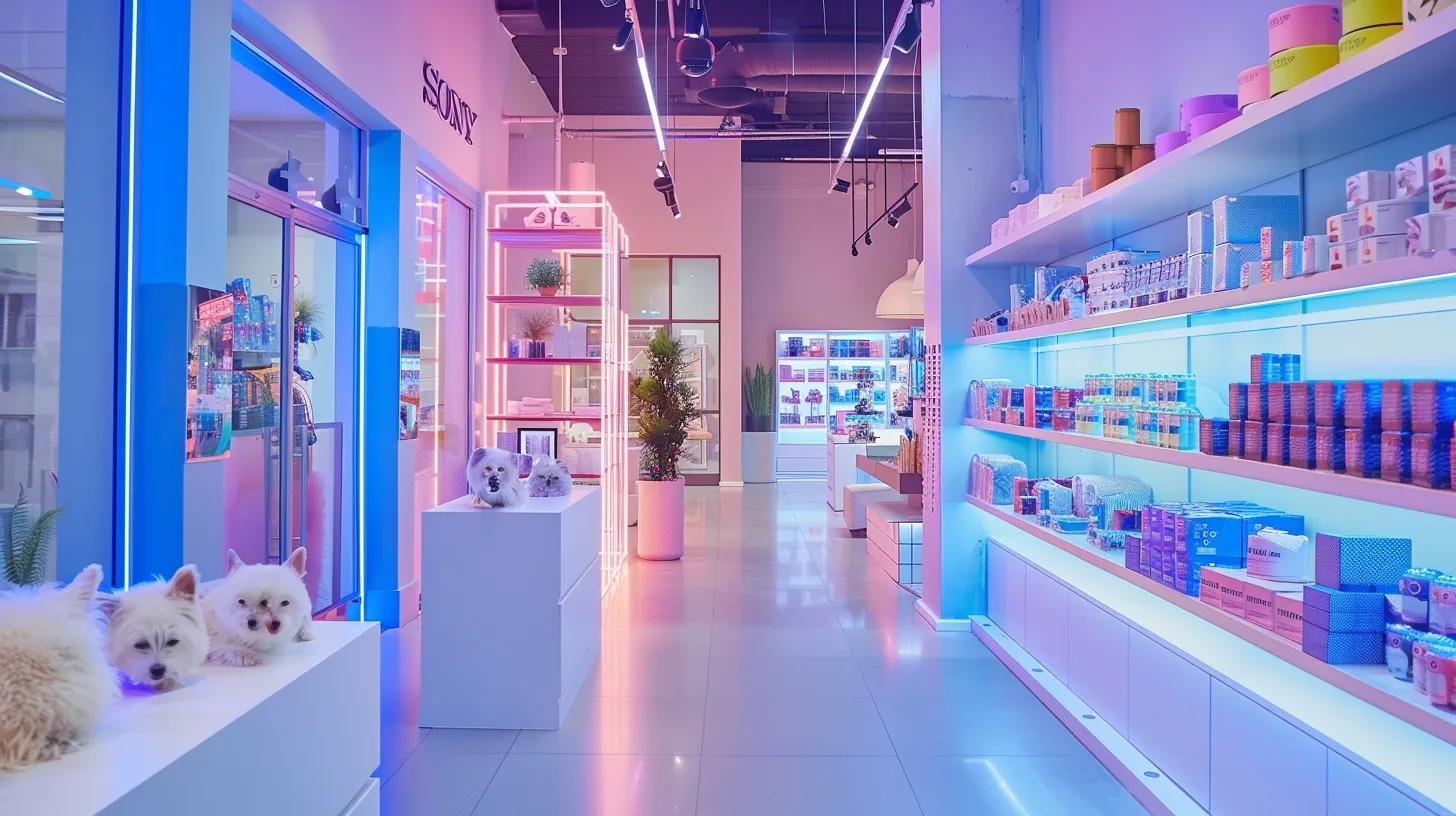 a vibrant and inviting pet store interior, showcasing an array of distinctive dog supplies on sleek, modern shelving, with a bright, engaging atmosphere that emphasizes quality and unique design.