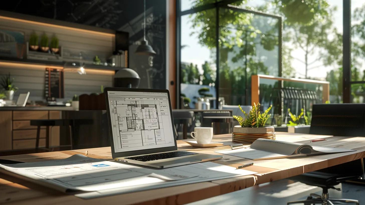 a vibrant and inviting workspace filled with modern technology, showcasing an open laptop displaying an online permit application portal alongside blueprints and a cup of coffee, symbolizing the streamlined journey of custom home building. a vibrant and inviting workspace filled with modern technology, showcasing an open laptop displaying an online permit application portal alongside blueprints and a cup of coffee, symbolizing the streamlined journey of custom home building.