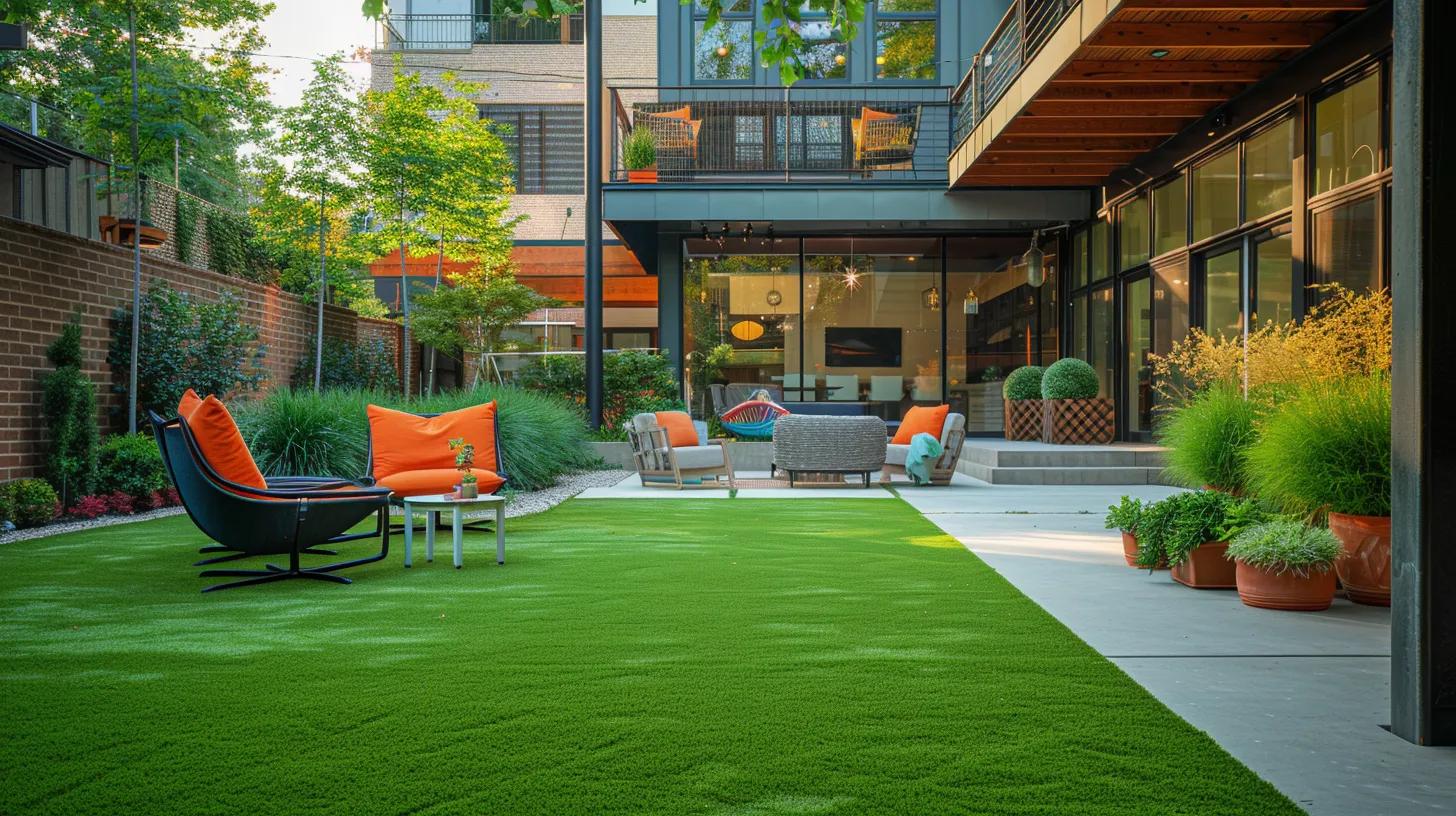 a vibrant and meticulously maintained organic lawn stretches across an urban backyard in chattanooga, framed by stylish patio furniture and colorful planters, showcasing a visually striking contrast between green grass and the surrounding modern architecture.