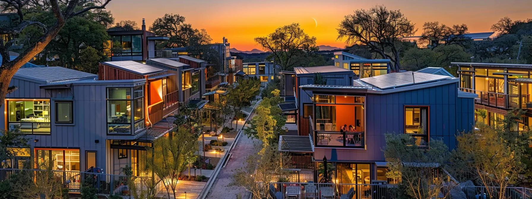 a vibrant and modern austin neighborhood showcases innovative sustainable homes with solar panels and energy-efficient designs, illuminated by warm urban lighting that highlights their unique architectural features. a vibrant and modern austin neighborhood showcases innovative sustainable homes with solar panels and energy-efficient designs, illuminated by warm urban lighting that highlights their unique architectural features.