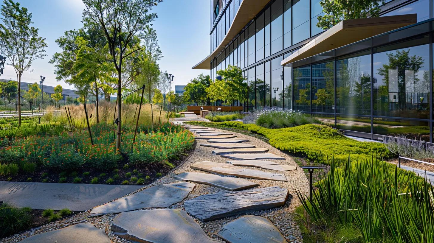 a vibrant and modern commercial landscape design showcases sleek stone pathways winding through meticulously arranged native plants, highlighted by efficient, solar-powered irrigation systems and sustainable materials, all set against a contemporary office building reflecting a commitment to eco-friendly practices. a vibrant and modern commercial landscape design showcases sleek stone pathways winding through meticulously arranged native plants, highlighted by efficient, solar-powered irrigation systems and sustainable materials, all set against a contemporary office building reflecting a commitment to eco-friendly practices.