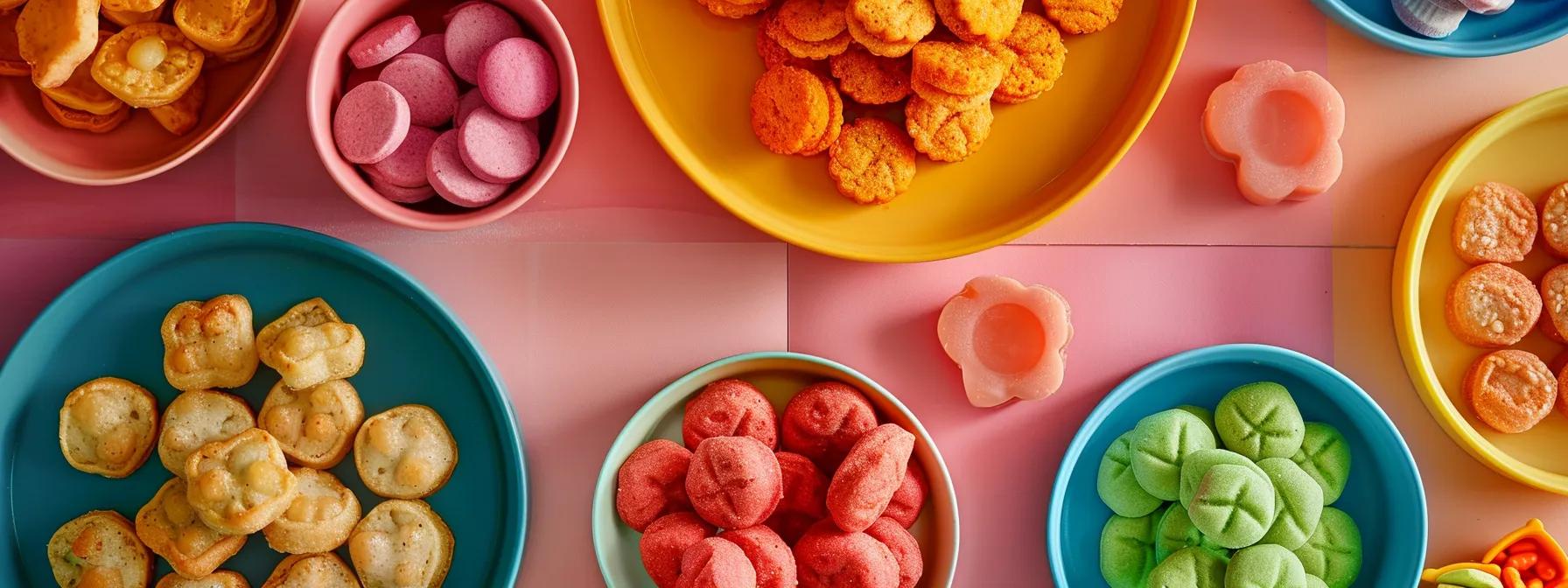 a vibrant and modern kitchen table displays an array of visually appealing, colorful puppy treats in various textures and shapes, arranged neatly on stylish plates to highlight their enticing qualities for effective training. a vibrant and modern kitchen table displays an array of visually appealing, colorful puppy treats in various textures and shapes, arranged neatly on stylish plates to highlight their enticing qualities for effective training.