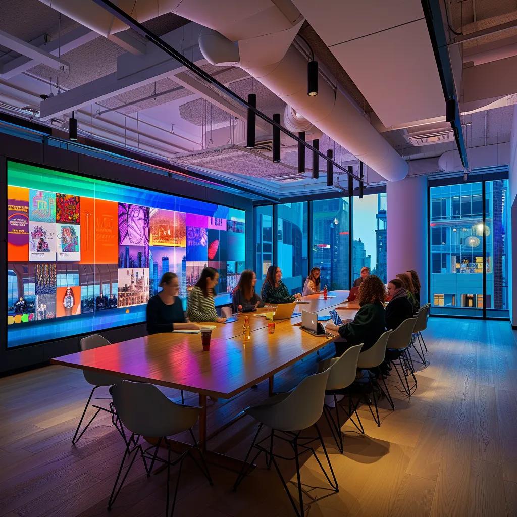 a vibrant and modern marketing agency workspace, filled with dynamic digital screens showcasing innovative campaign designs, colorful brainstorming boards, and a diverse team collaborating enthusiastically around a sleek conference table.